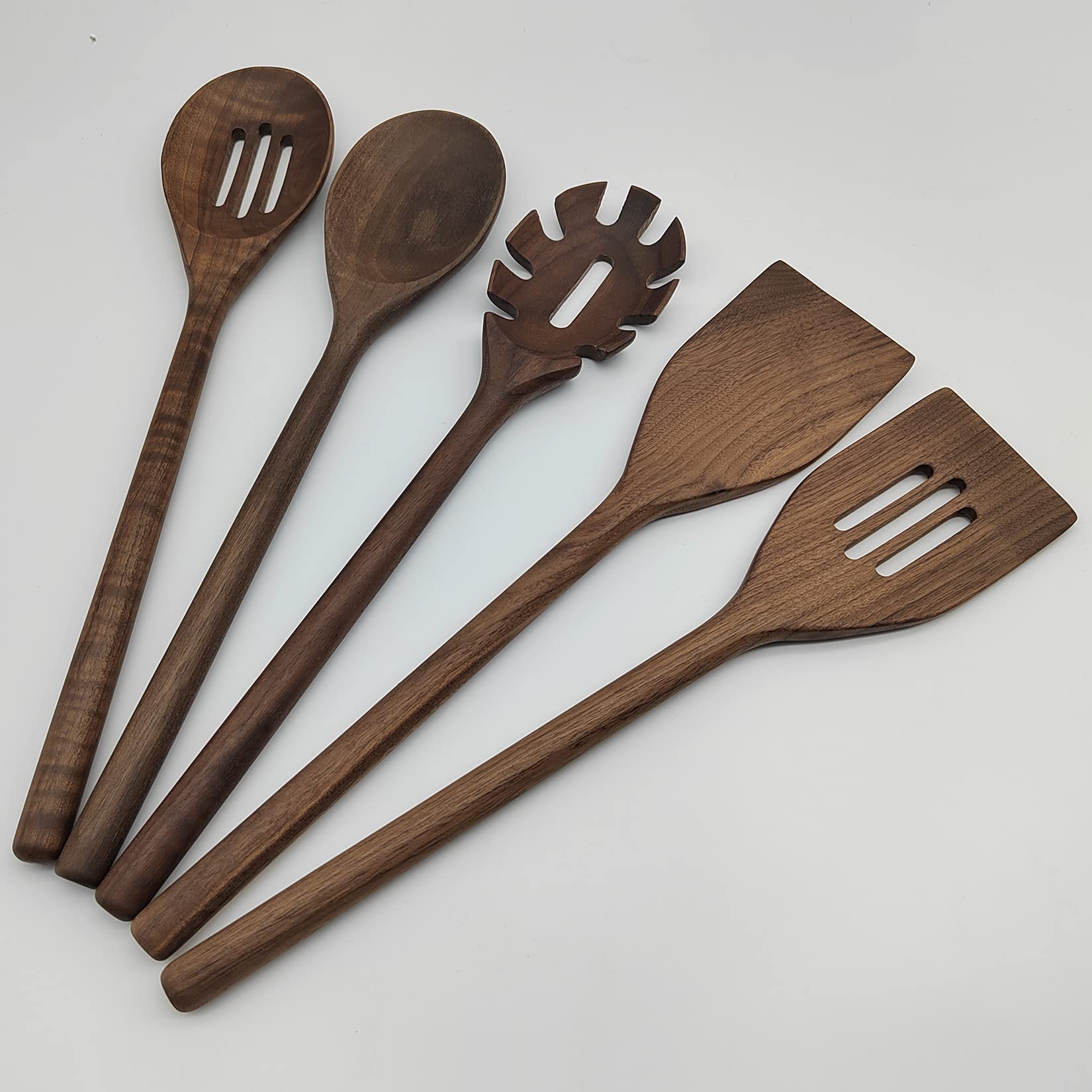 BOTOWI 5 Stück Schwarzer Walnuss Küchenutensilien Set, Naturholz Kochutensilien, Spaghetti Server, Spatel, Suppenkelle, Wender, Massiver Löffel, Geschlitzter Löffel