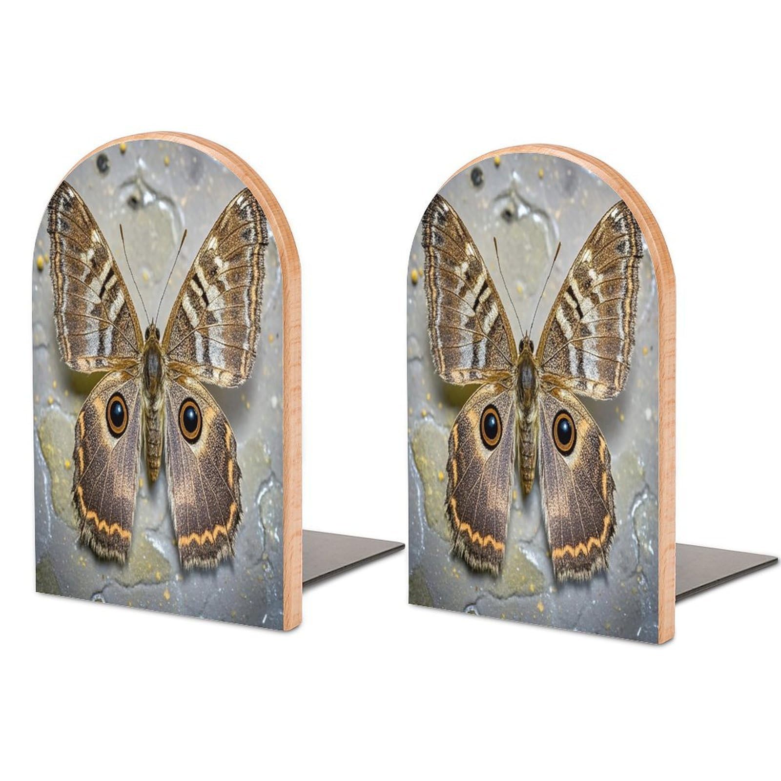 Moth Bookend for Shelves Wooden Book End Sturdy Book Holders Stoppers with Metal Base for Bookshelves Slick Decorative Bookends Stands