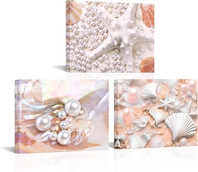 FuShvre Coral Color Wall Decor Seashell Bathroom Pictures Wall Art Coastal Canvas Painting Prints Framed 12"x16"x3pcs