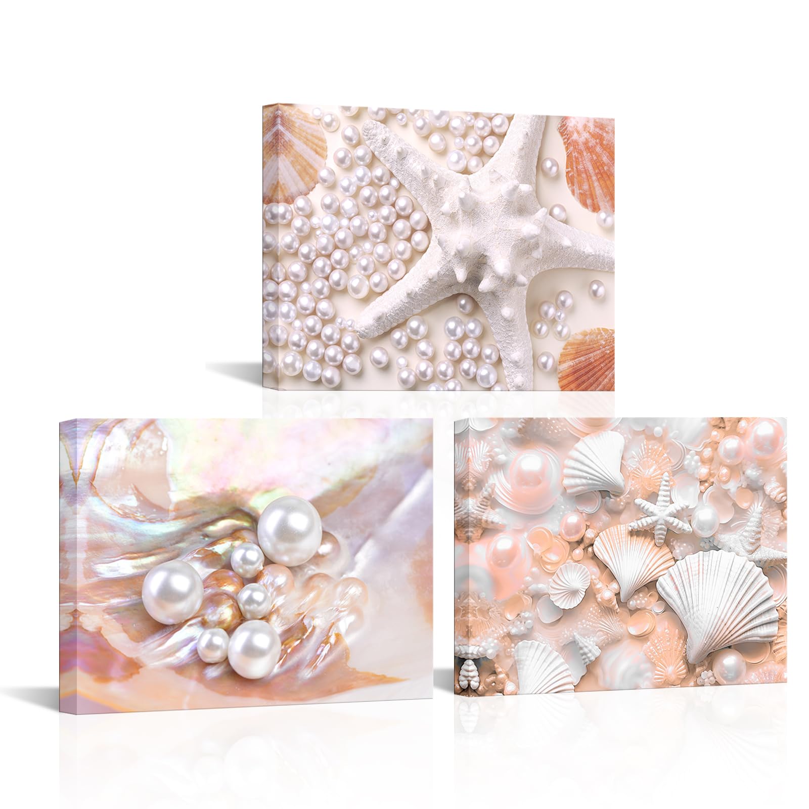 FuShvre Coral Color Wall Decor Seashell Bathroom Pictures Wall Art Coastal Canvas Painting Prints Framed 12"x16"x3pcs