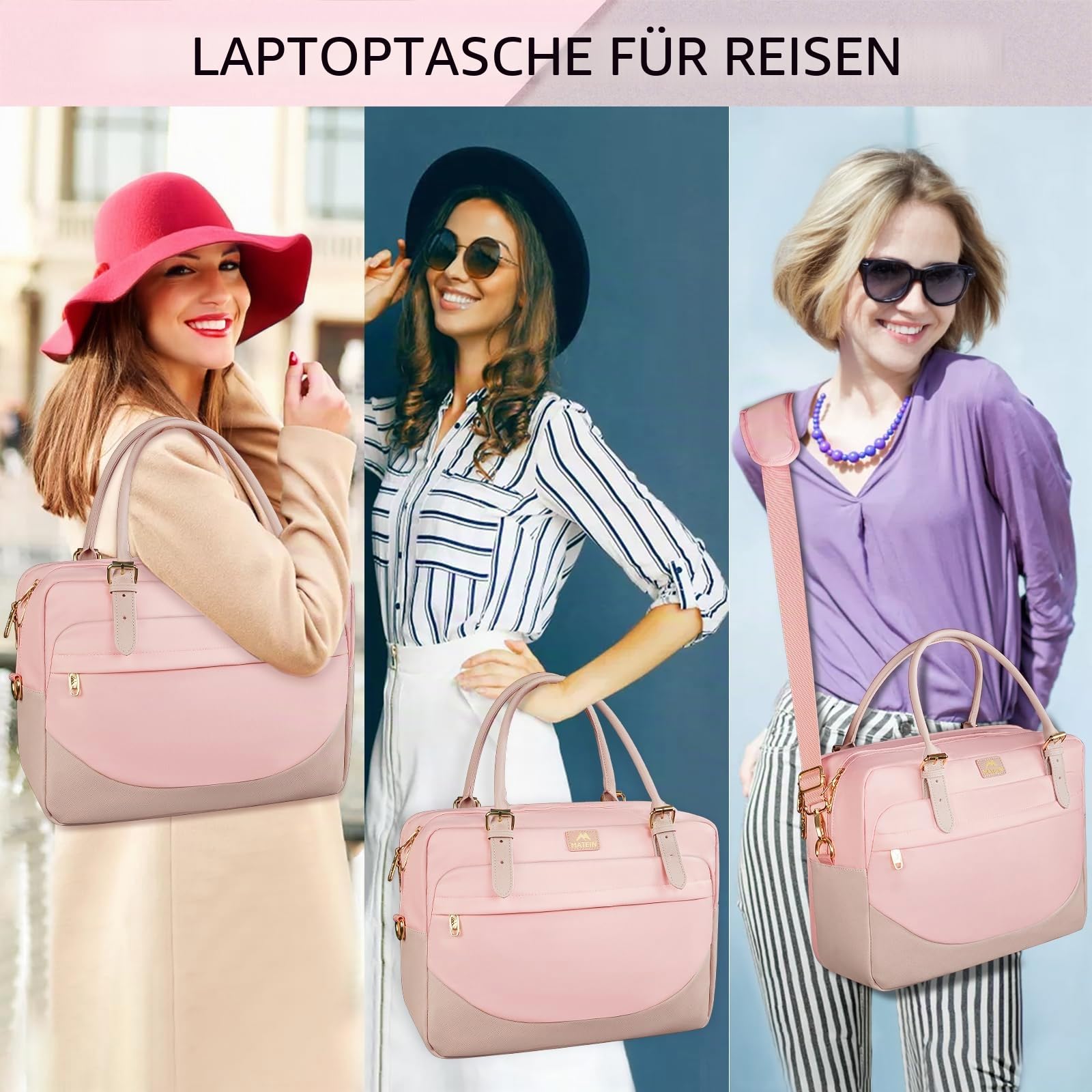 MATEIN Handtasche Damen Groß, Laptoptasche 17,3 Zoll Arbeitstasche mit Vielen Fächern Messenger Bag Businesstasche Frau Aktentasche Bürotasche Pink Laptop Bag Umhängetasche für Schule, Reisen, Rosa