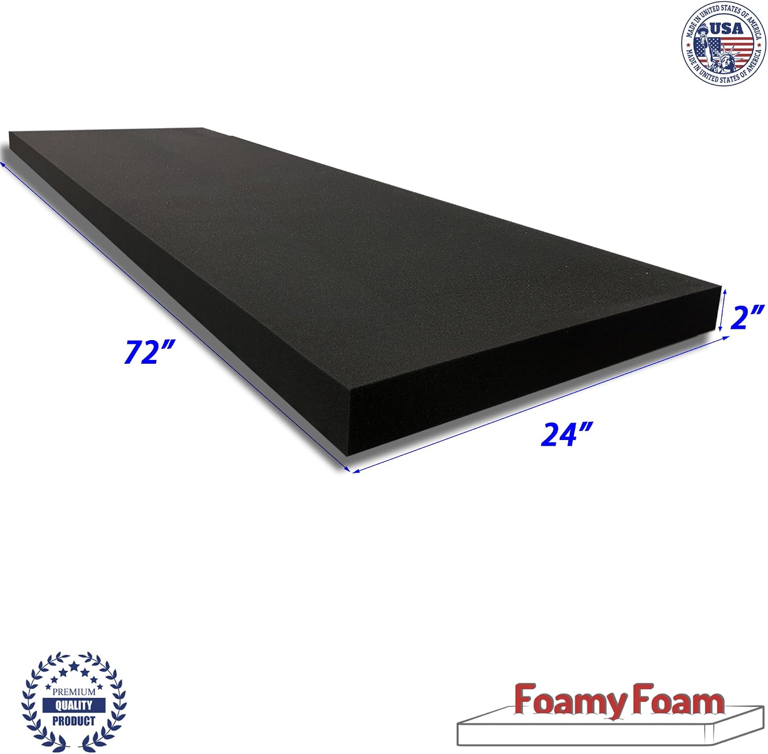 FOAMYFOAM 2" Thick, 24" Wide, 72" Long Charcoal Color High Density Upholstery Foam for Couch Cushions, Seat Cushions, Bedding and Many More DIY Projects.