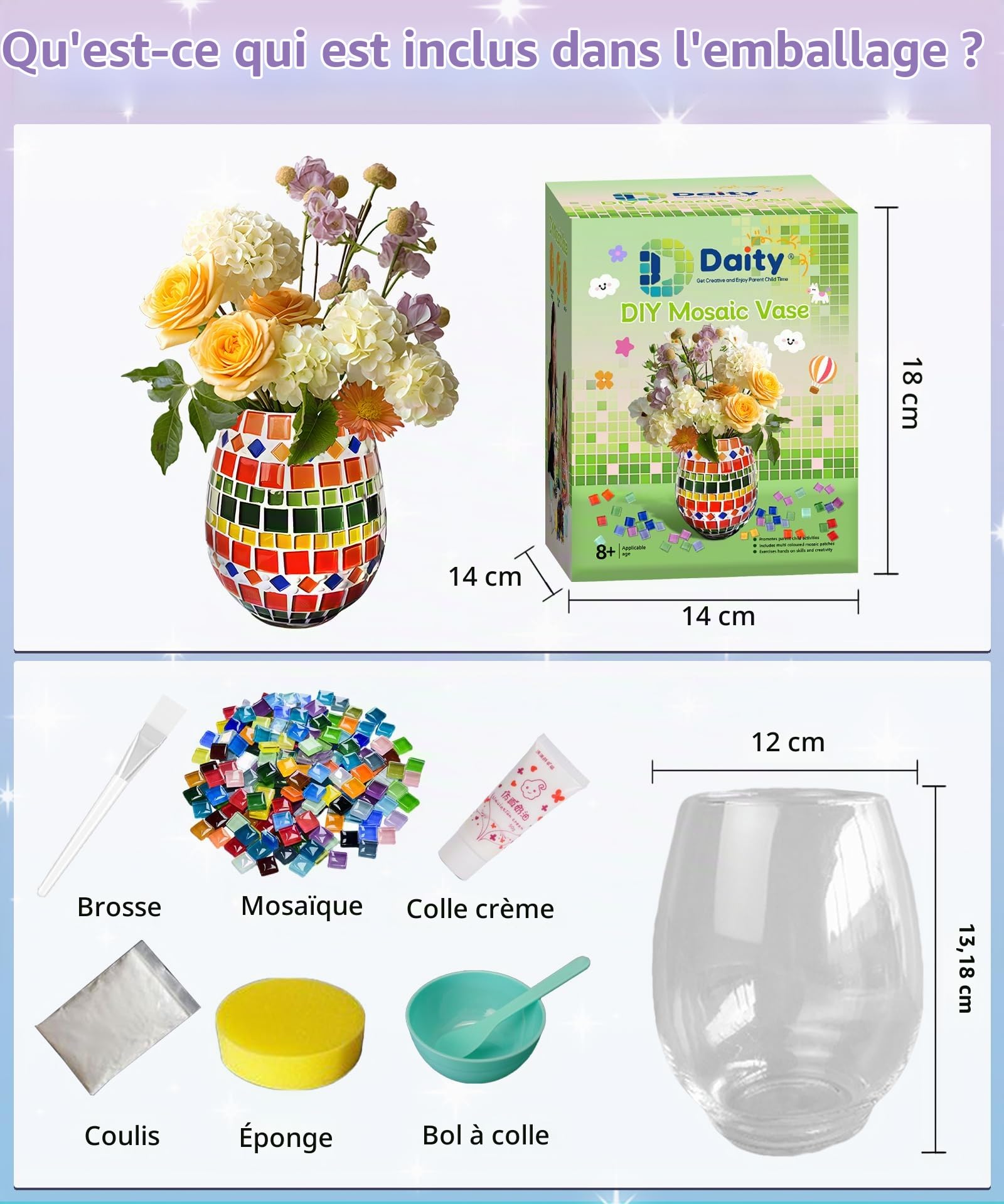 Daity Kit de Bricolage Mosaïque pour Enfants et Adultes Vase en Mosaïque de Verre Kit à Remplir d'Eau et de Terre Bricolage pour Filles de 8 à 10 Ans Cadeau d'Anniversaire pour Maman