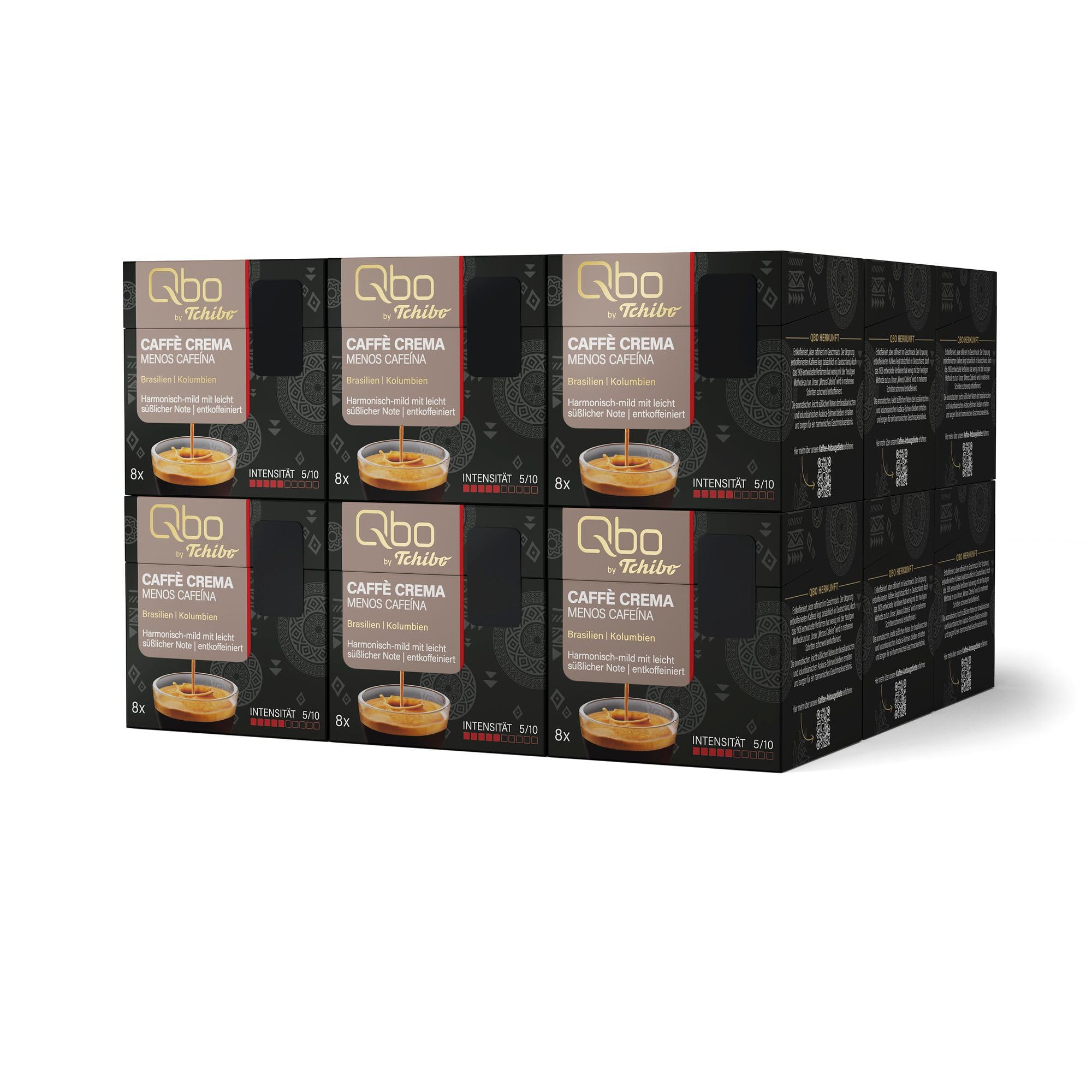 Tchibo Qbo Caffè Crema Menos Cafeína Premium Kaffeekapseln, 144 Stück - 18x8 Kapseln (Caffè, Intensität 5/10, mild und süßlich, entkoffeiniert), nachhaltig & aus 70% nachwachsenden Rohstoffen¹