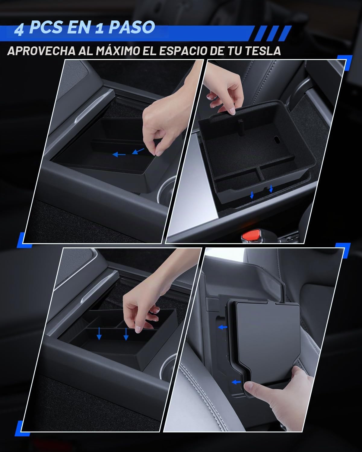 4 Piezas de Accesorios para Consola Central de Tesla Modelo Y 2025-2026 Juniper, Organizador de Silicona, Caja de Almacenamiento para Reposabrazos y Caja Oculta (Forrada)