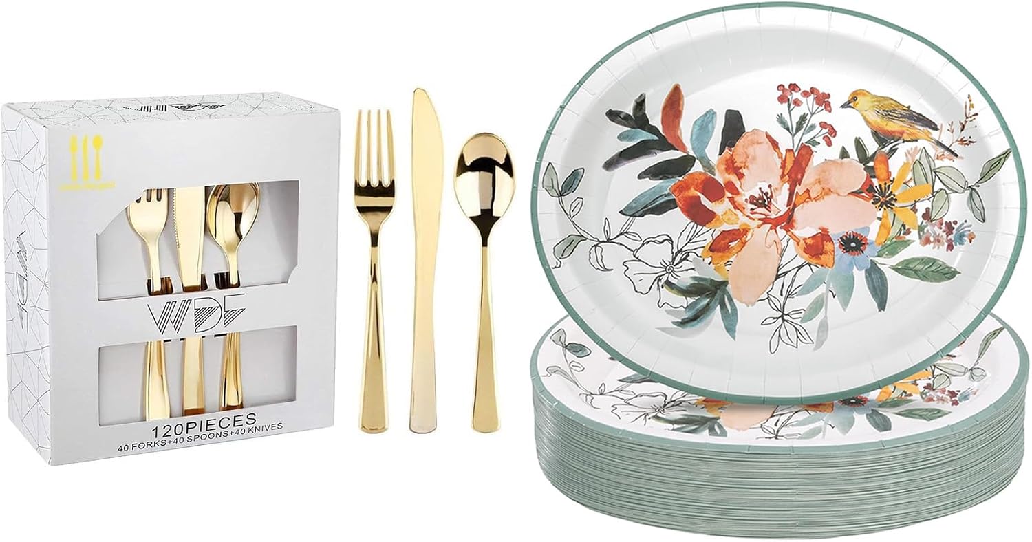 WDF 120 Pieces Gold Plastic Silverware and WDF 50 Pack Floral Oval Paper Plates