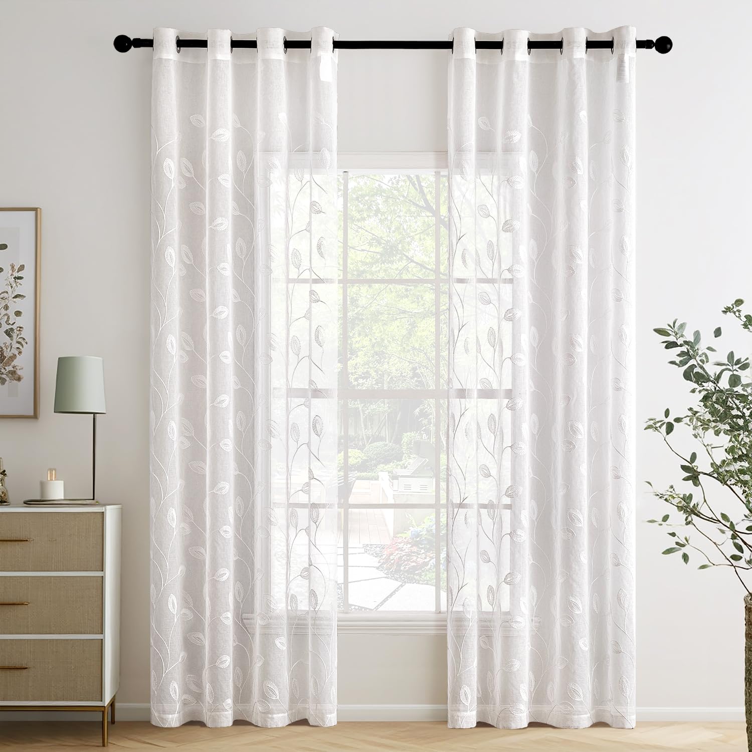 MIULEE Cortinas Salon Modernas con Bordado de Hojas 2 Piezas, Lindas Cortinas Visillos Dormitorio Matrimonio con Ojales, Cortinas Translucidas Salón con Hojas Motivos 140x245 Blanco