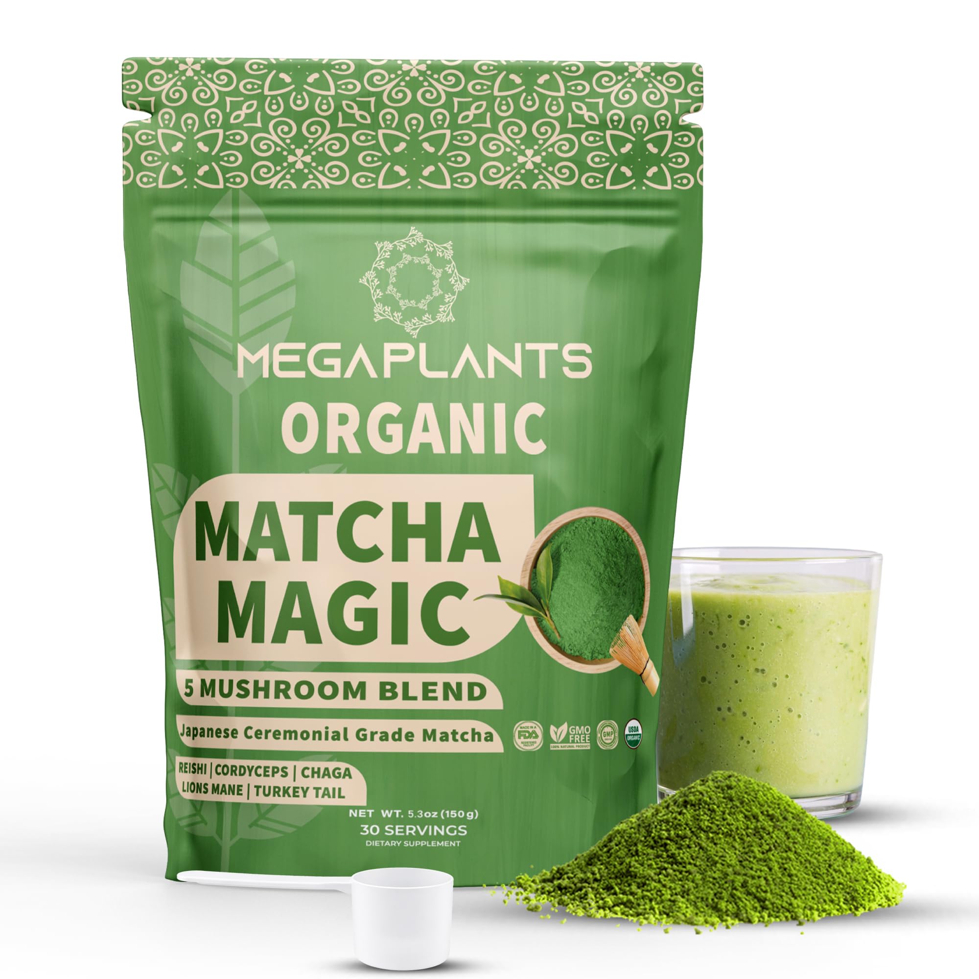 MEGAPLANTS Mushrooms Matcha Magic - USDA Organic Ceremonial Grade Japanese Matcha (30 Serving)- with Reishi, Lion’s Mane, Chaga, Cordyceps & Turkey Tail – Superfood for Focus & Energy.