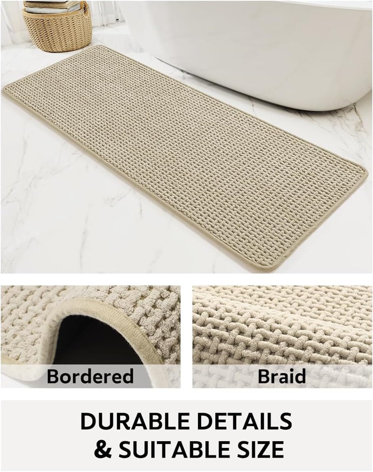 Tapis de bain chenille doux et antidérapant en microfibre à séchage rapide, 60 x 160 cm, idéal pour baignoire et douche, design antidérapant sûr, tapis de salle de bain absorbant.