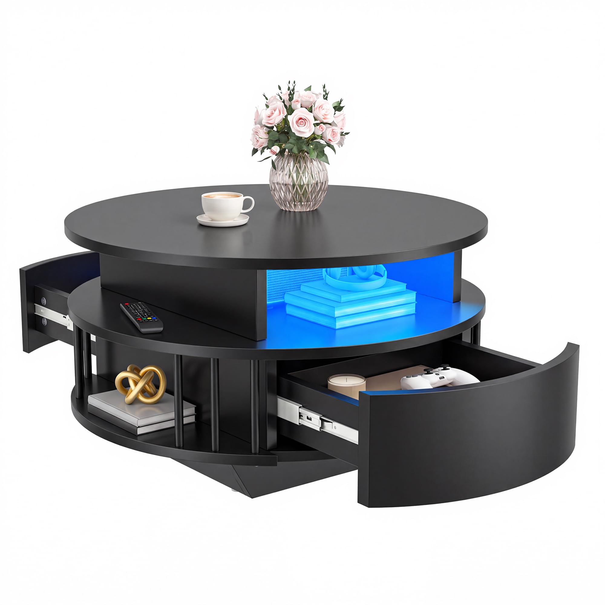 YITAHOME Mesa de Centro Redonda Moderna con LED, 70 cm, Espacio de Almacenamiento de 2 Niveles y 2 Cajones, Diseño Estriado, Estantes, Mesa de Acento para Sala de Estar, Negro