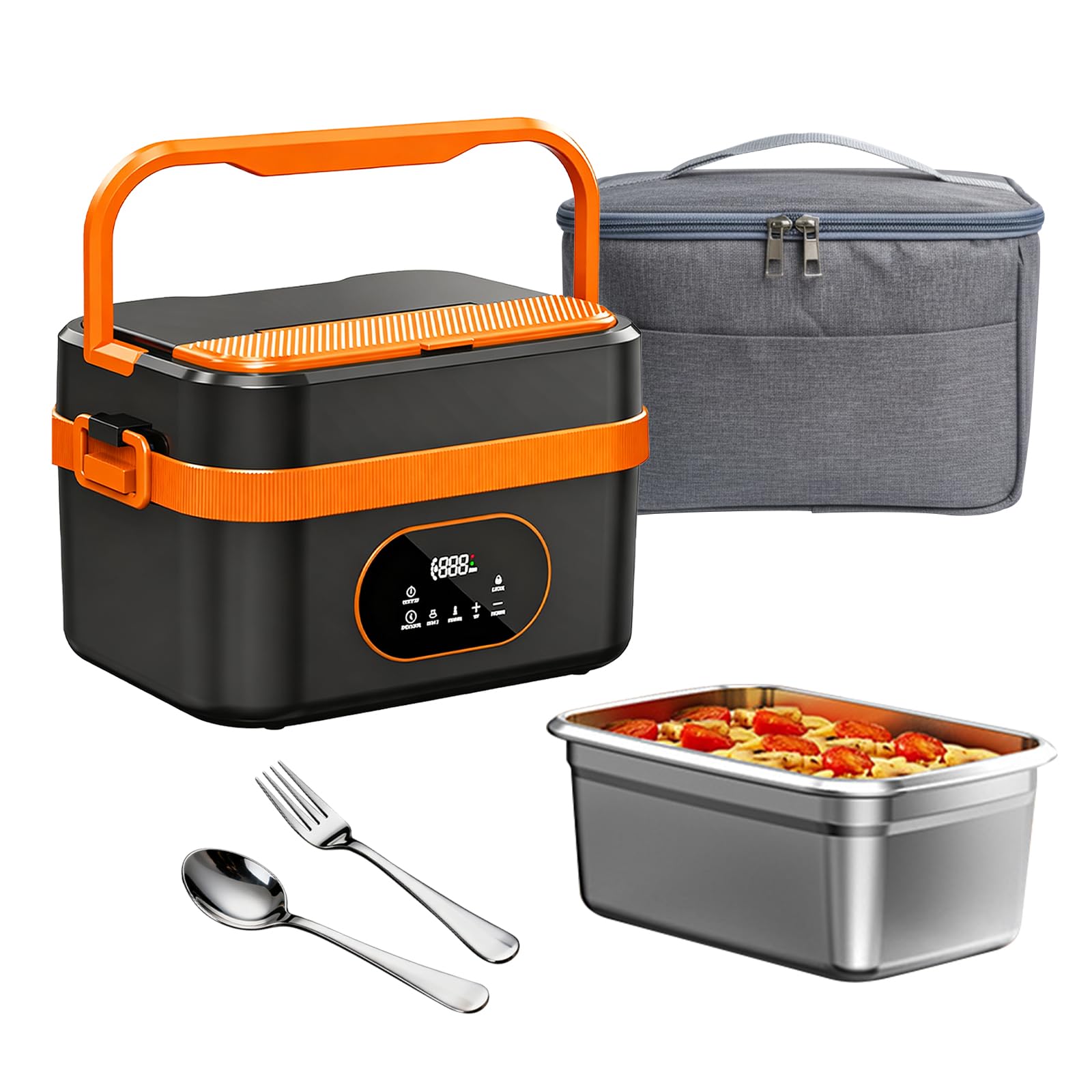Fiambrera Eléctrica con Batería de 18.000 mAh, Fiambrera Térmica de 1,5 L de Acero Inoxidable 304, Calentamiento Rápido de 60 W, Recipiente Extraíble con Tenedor & Cuchara