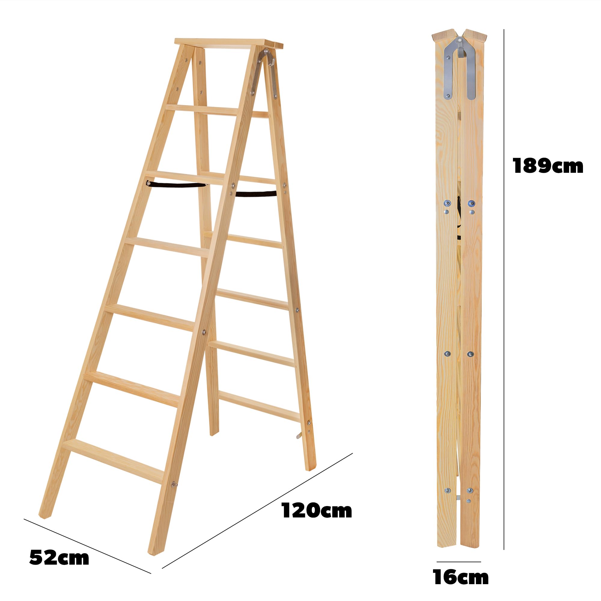 KADAX Échelle en Bois, Escabeau Pliante avec Crochet en Acier - 7 Marches