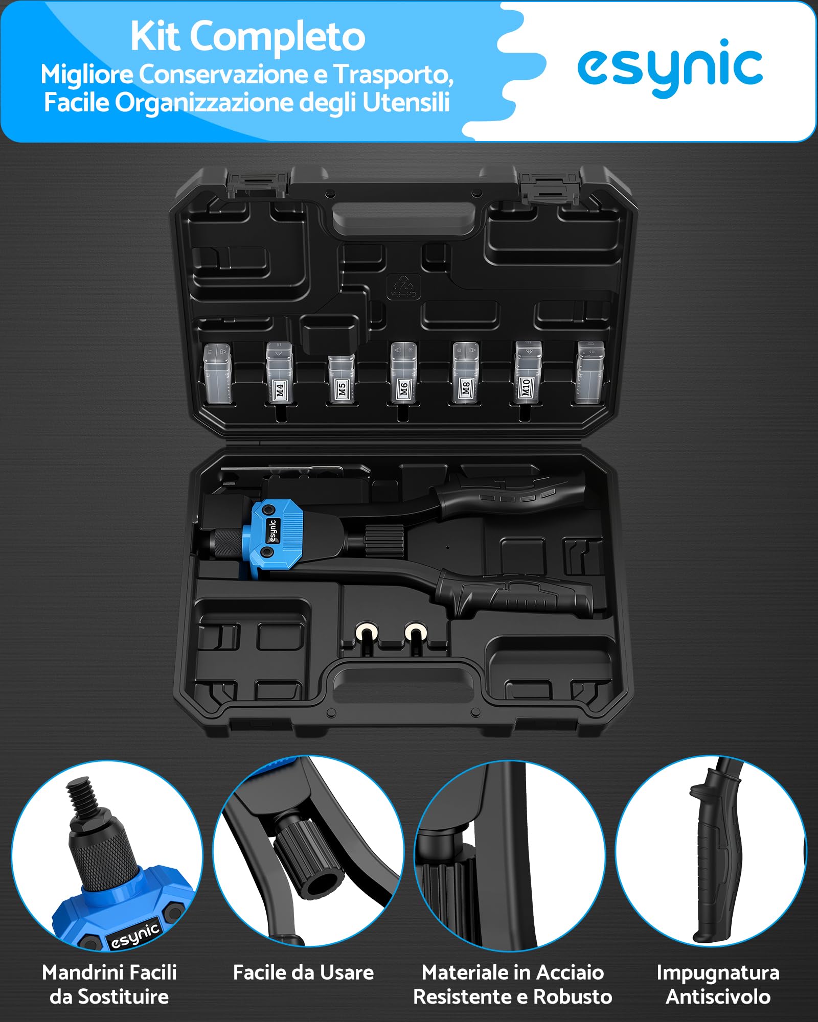 eSynic Kit 13'' Rivettatrice Manuale per Impieghi Gravosi con Manico Ergonomico, 7 Mandrini e 110 Dadi M3 M4 M5 M6 M8 M10 M12 Inclusi, Pistola a Rivetti con Valigetta per Riparazione Auto Mobili