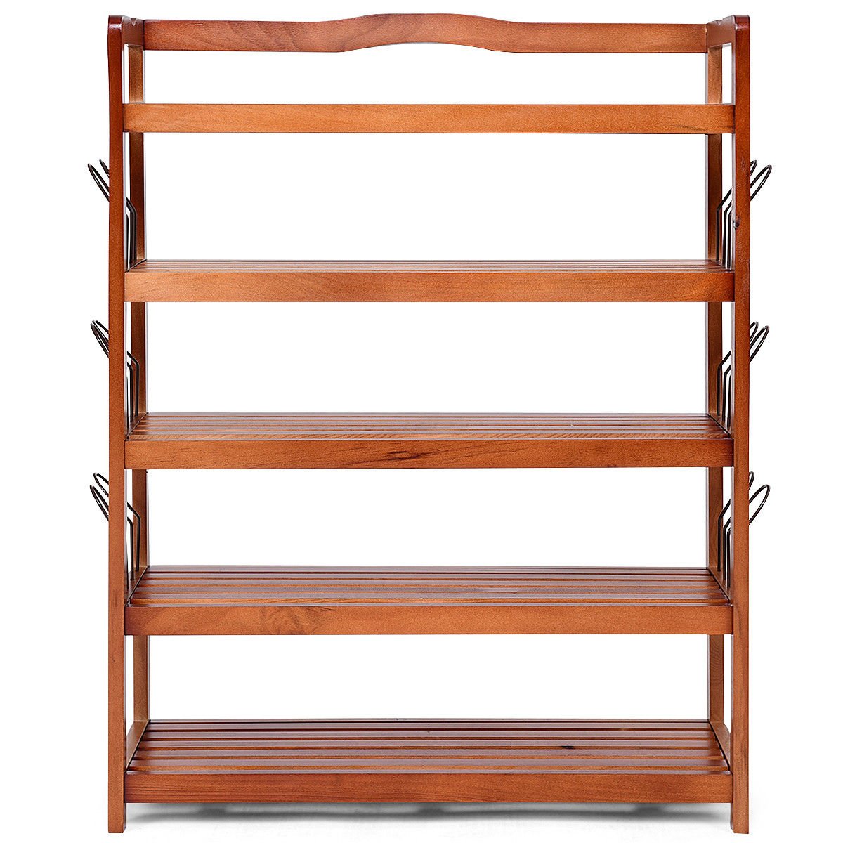 Globe House Products GHP 25"x10.5"x32.5" Solid Pine Wood 5-Tiered Doorway Shoe Rack with Side Hangers