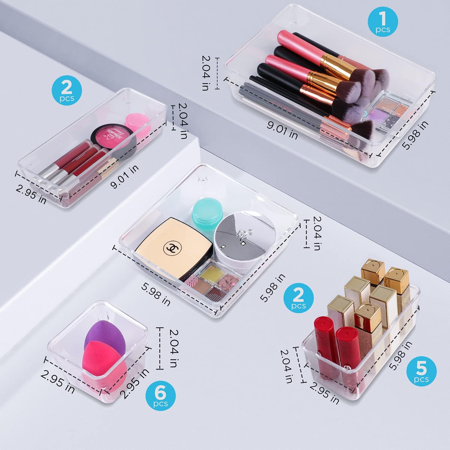 Kootek 16 Pcs Modular Drawer Organizer with 5-Size Drawer Dividers Makeup Organizers Bins Clear Customize Layout Storage Box with Bottom Wave Point Design for Bedroom Bathroom Kitchen Office