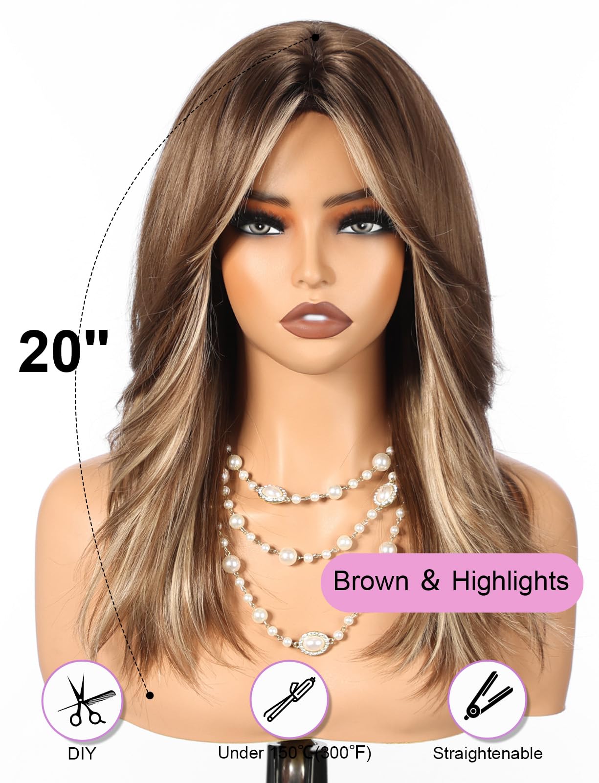 WOKESTAR Natural Long Wigs for Women with Fringe Synthetic Heat Resistant Hair Brown with Highlights Wig for Daily Party Cosplay Use - Image 3