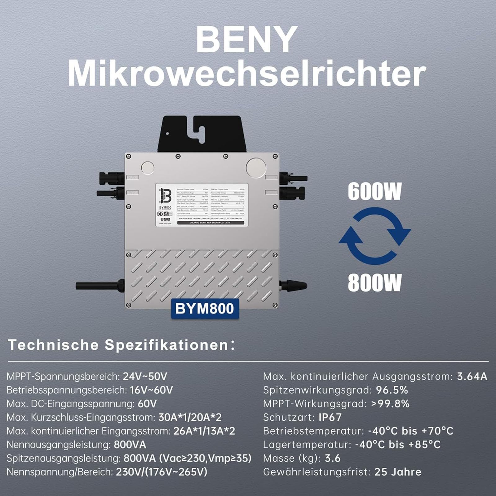 BENY Solar-Mikro-Wechselrichter 800 W - Wechselrichter verbunden mit dem Stromnetz mit WLAN- und APP-Steuerung, Leistung des Solarwechselrichters einstellbar von 800 W bis 600 W, IP67, 5 m langes