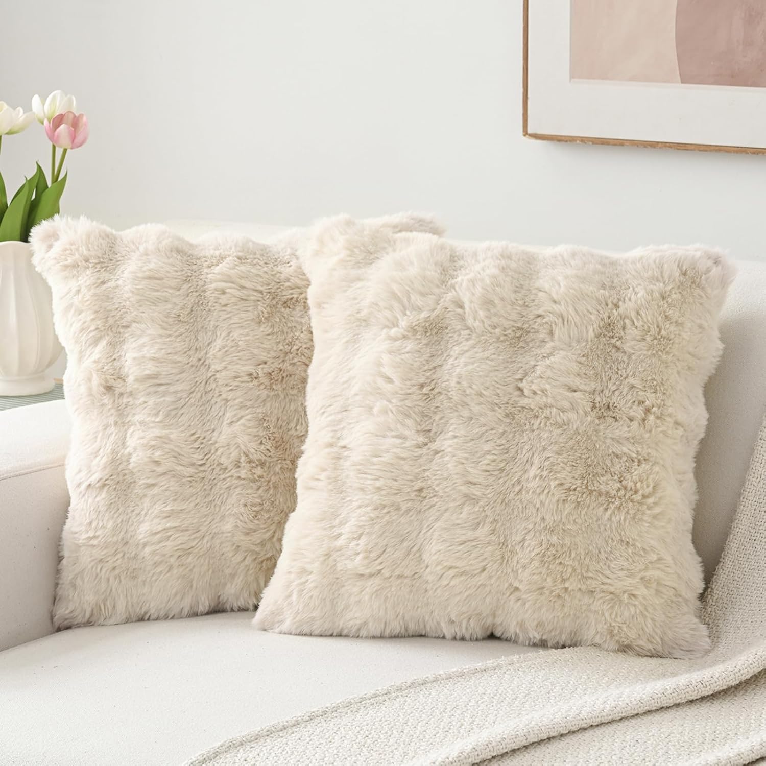 Volcanics Pack of 2 Thick Plush Faux Wool Decorative Throw Pillow Covers 18x18 Inch, Beige Soft Fluffy Faux Fur Cushion Covers for Sofa Bedroom Pillow Shell
