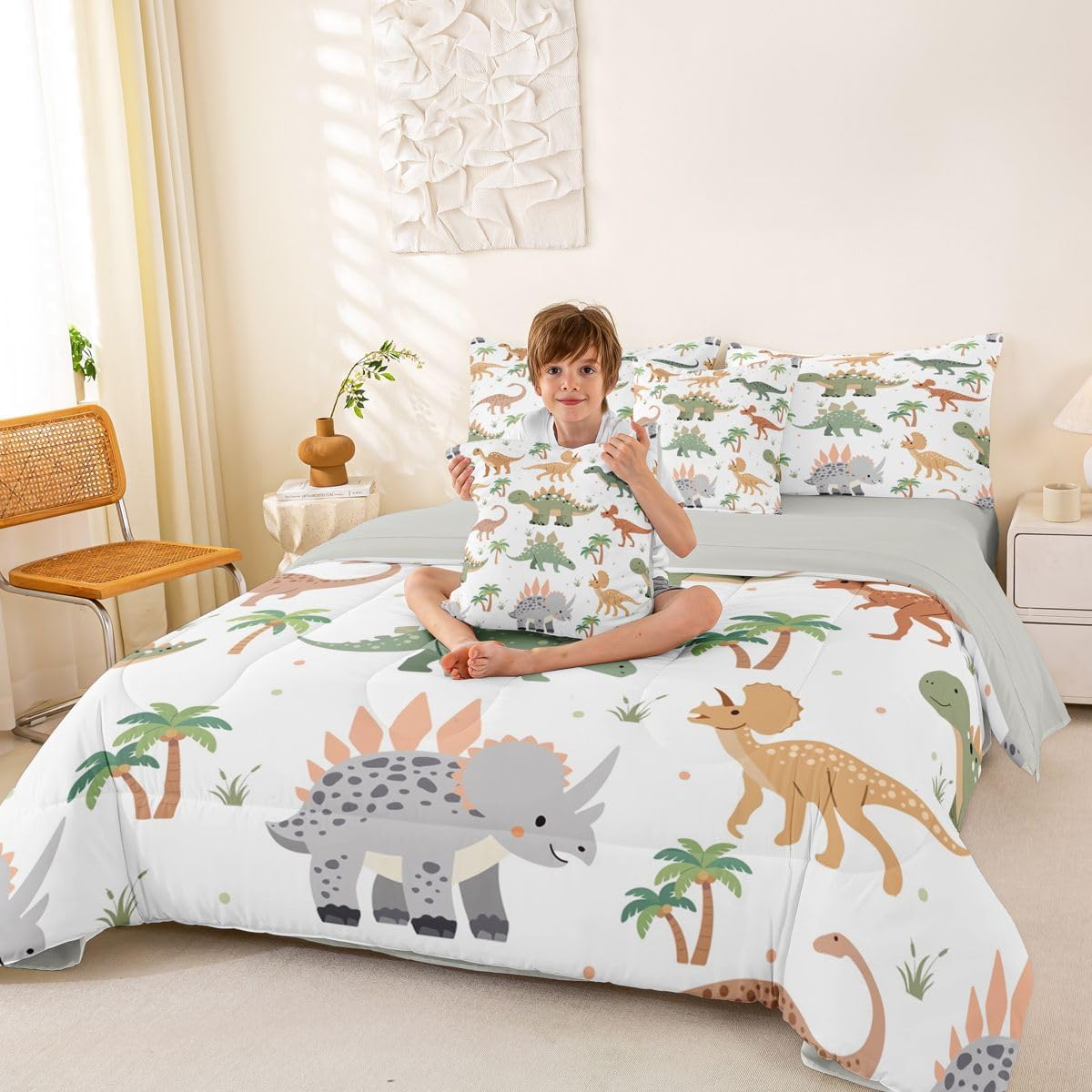 Erosebridal Cartoon Kids Grey Green Dinosaur Boys Full Comforter Set 7 Pieces | Kawaii Safari Bed in A Bag for Bedroom Ancient Animal Bedding Set with Comforters Jungle Room Decor