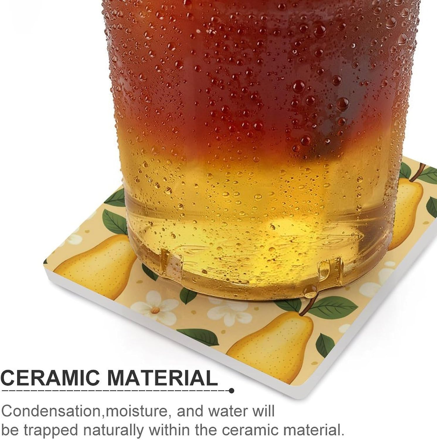 Pear Print Coasters for Drinks Square Table Coasters Set Cup Mats with Cork Base