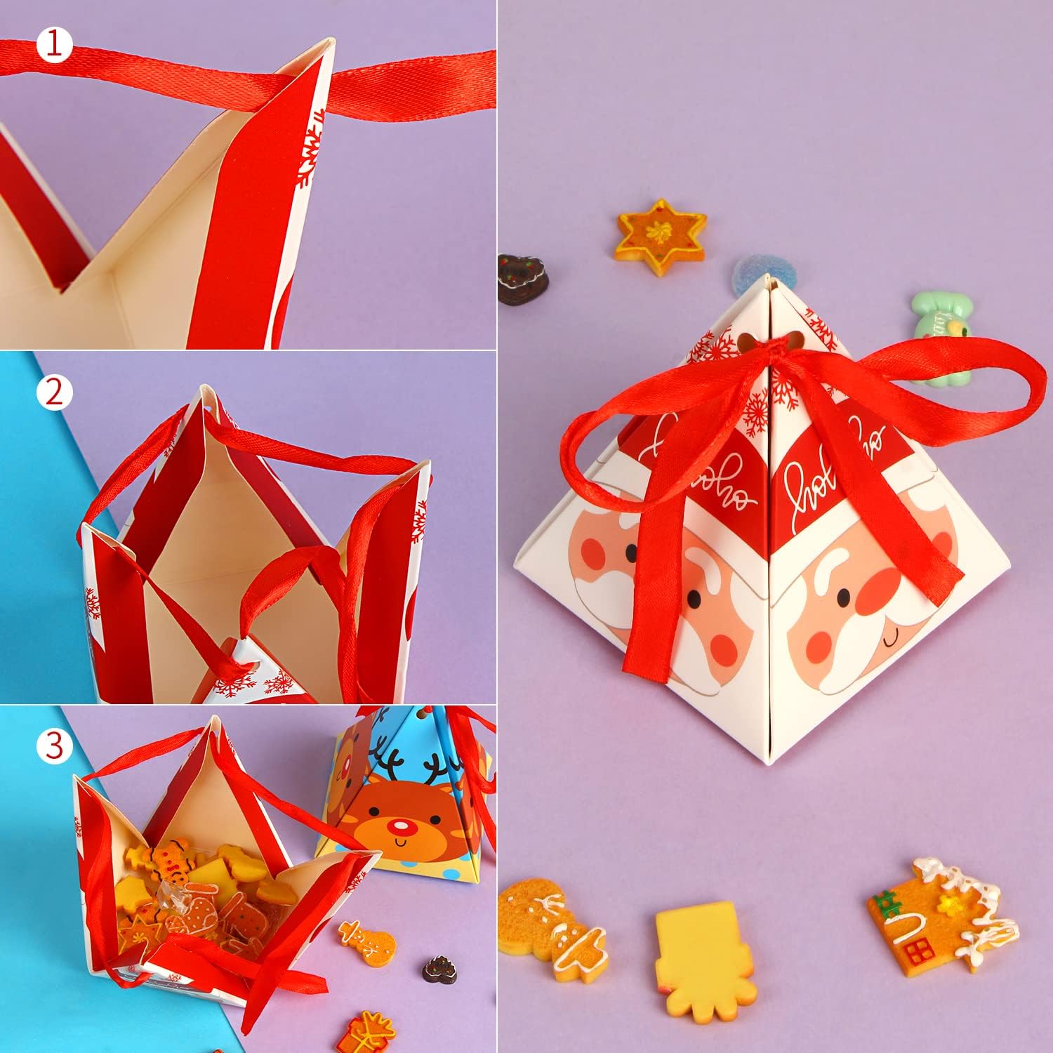 LOKIPA 24PCS Christmas Candy Boxes - 6 Styles Xmas Paper Boxes with Ribbon Triangle Sweet Boxes for Christmas Party Supplies image 5