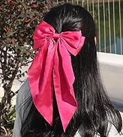 Vista 2 de Furling Pompoms Lazos para el cabello para mujer, lazos grandes de color rosa para niñas, cinta blanca para el cabello, colas largas de satén