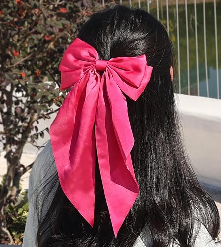 Miniatura 2 de Furling Pompoms Lazos para el cabello para mujer, lazos grandes de color rosa para niñas, cinta blanca para el cabello, colas largas de satén con