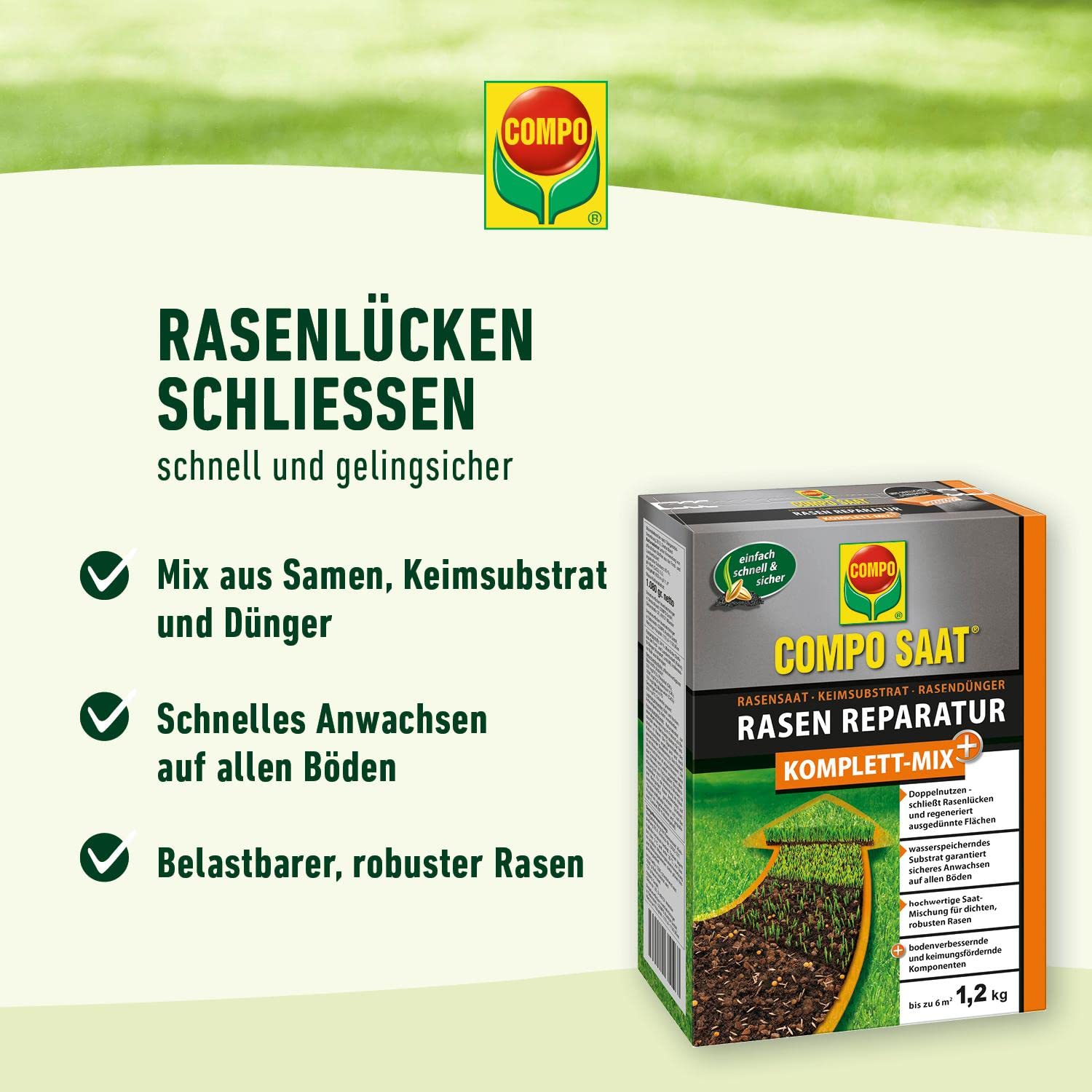 Compo SAAT Divot reparación completa Mix +, semillas de césped, semillas de sustrato, a largo plazo de fertilizantes de césped y activador del sustrato 4 kg, 20 m² (Paquete de 2)