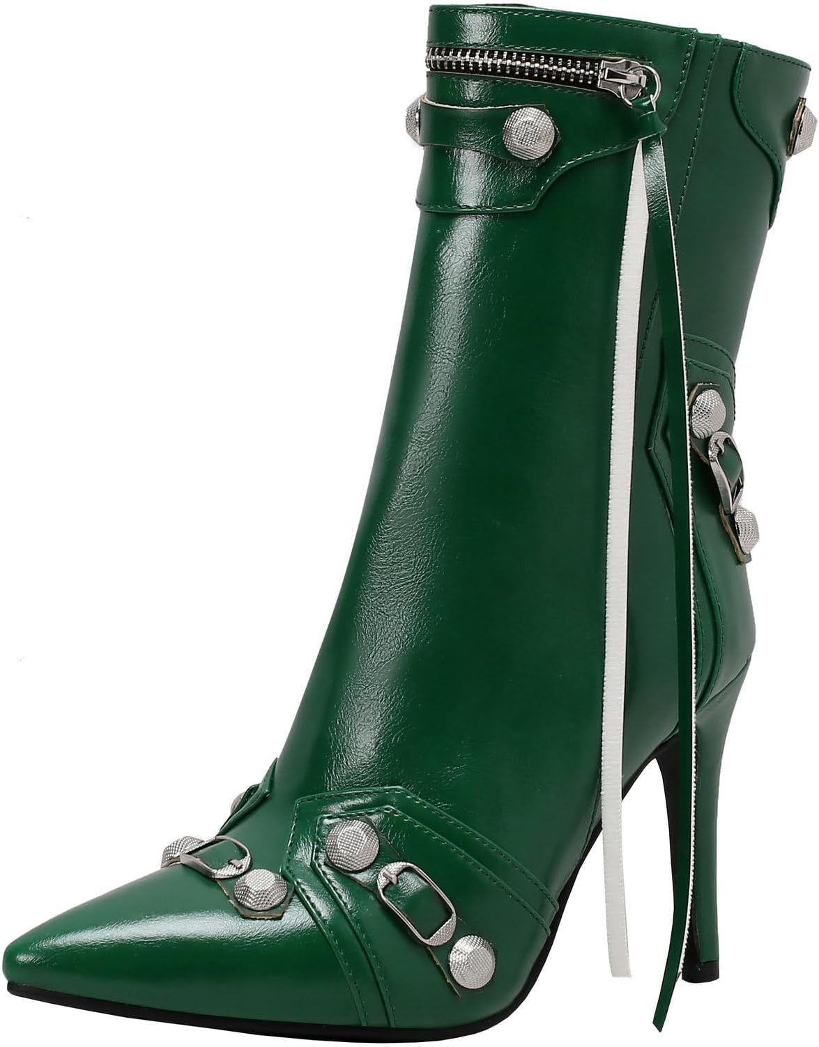 Pointed Toe Zip Stiletto Kitten Heel Buckle Ankle Boots for Women Sexy Tassel Booties