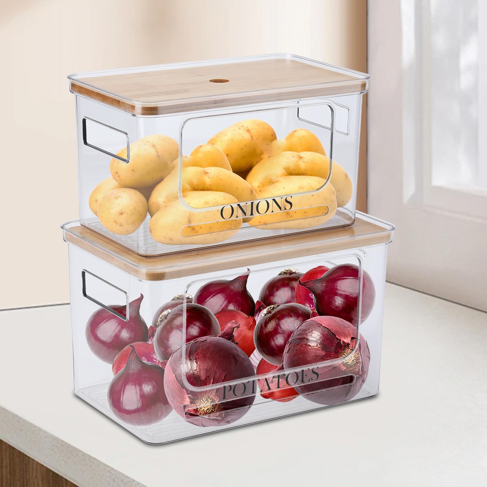 Kartoffel- und Zwiebel-Aufbewahrungsbehälter-Set, transparent, stapelbar, Obst- und Gemüse-Aufbewahrungsbox mit Deckel und Griff, Zwiebelkartoffelhalter, robuster Aufbewahrungskorb für