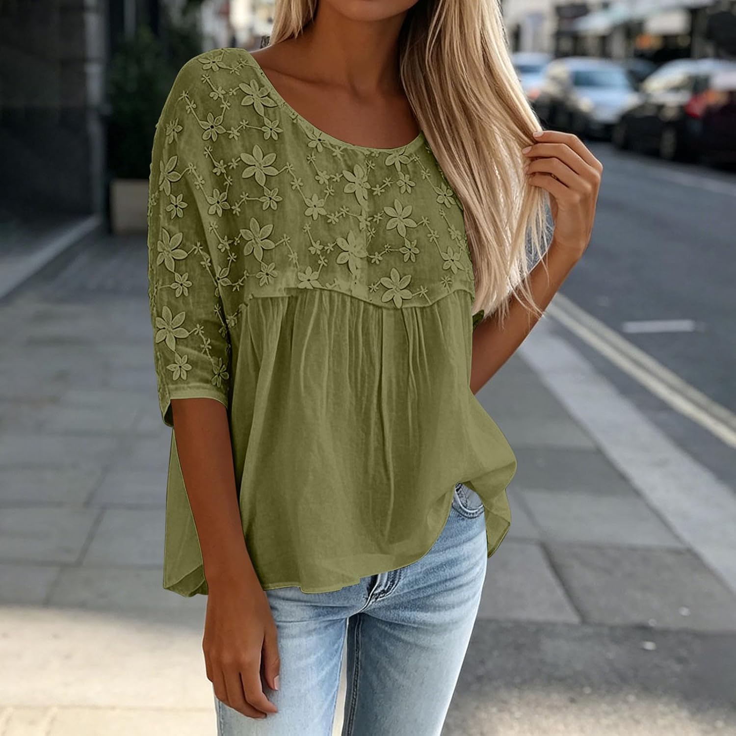 Women Linen Top Cute Embroidered Lace Patchwork Tunic T Shirts | Casual Lightweight Solid Color Loose Fit Gauze Tops Vintage Crew Neck Plus Size Travel Vacation Blouses