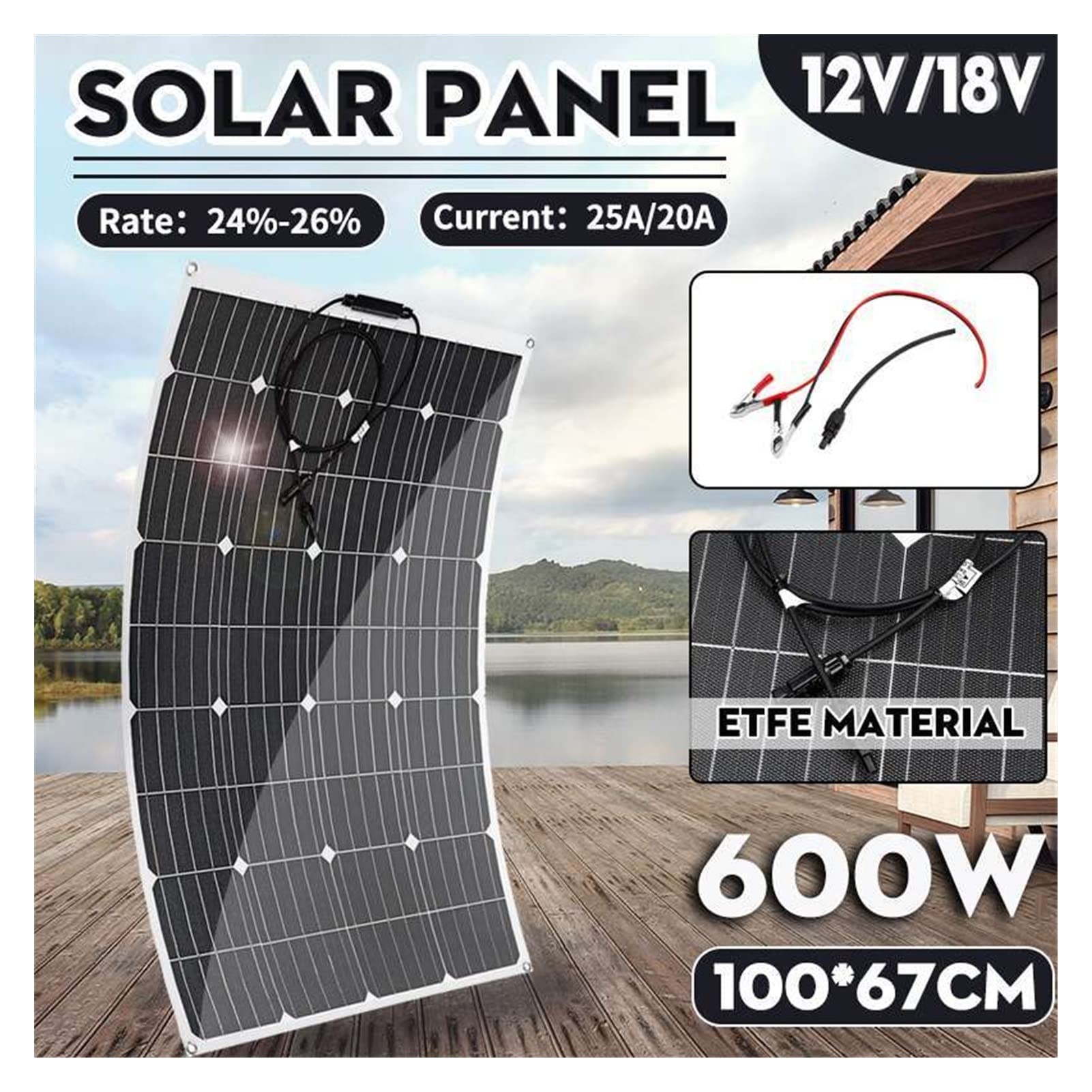 Pannello solare, 60 0W/1200W Pannello solare della tecnologia 18V CELLA SOLAR FLEXIBILE Fai da te Auto esterna impermeabile cavo RV di alimentazione ricaricabile Cella solare flessibile(Color:1PC 600W