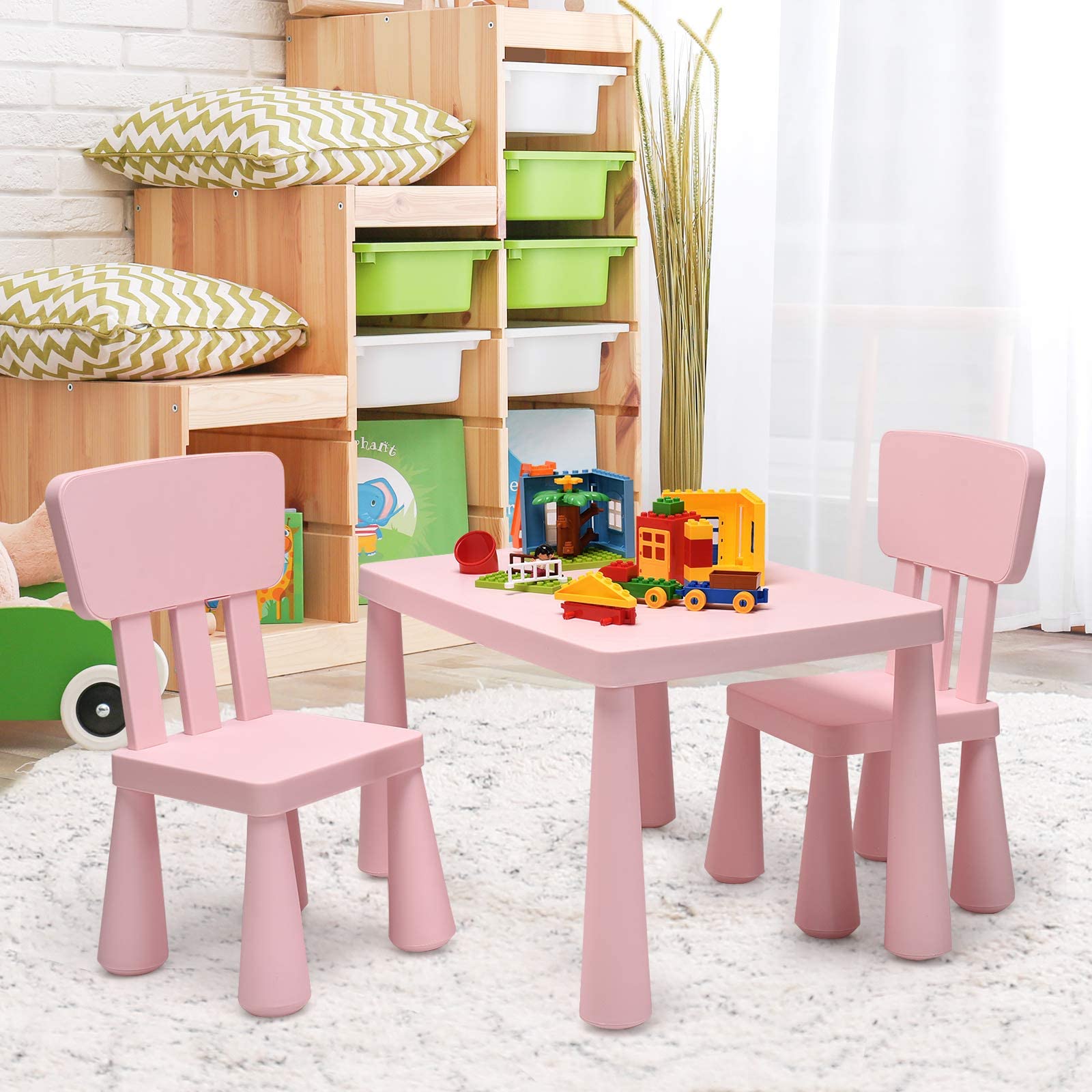 GYMAX Set Tavolino per Bambini con 2 Sedie di Plastica, Tavolino e Sedia per bambini, per Mangiare, Leggere, Dipingere, Adatto a 1-7 Anni (Rosa)