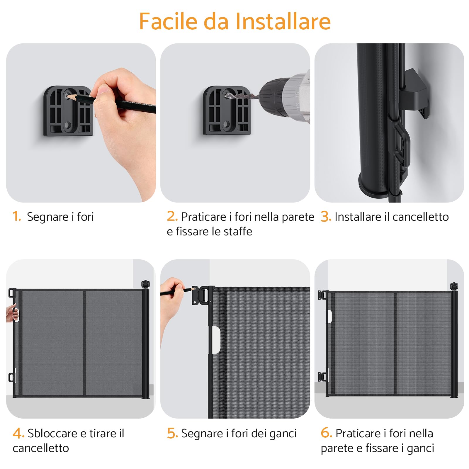 Cancelletto di Sicurezza Estensibile per Bambini e Animali Domestici 0-140cm, Barriera Retrattile con Rinforzo in Fibra di Vetro e Blocco a Pomello, per Scale, Interno ed Esterno, Nero
