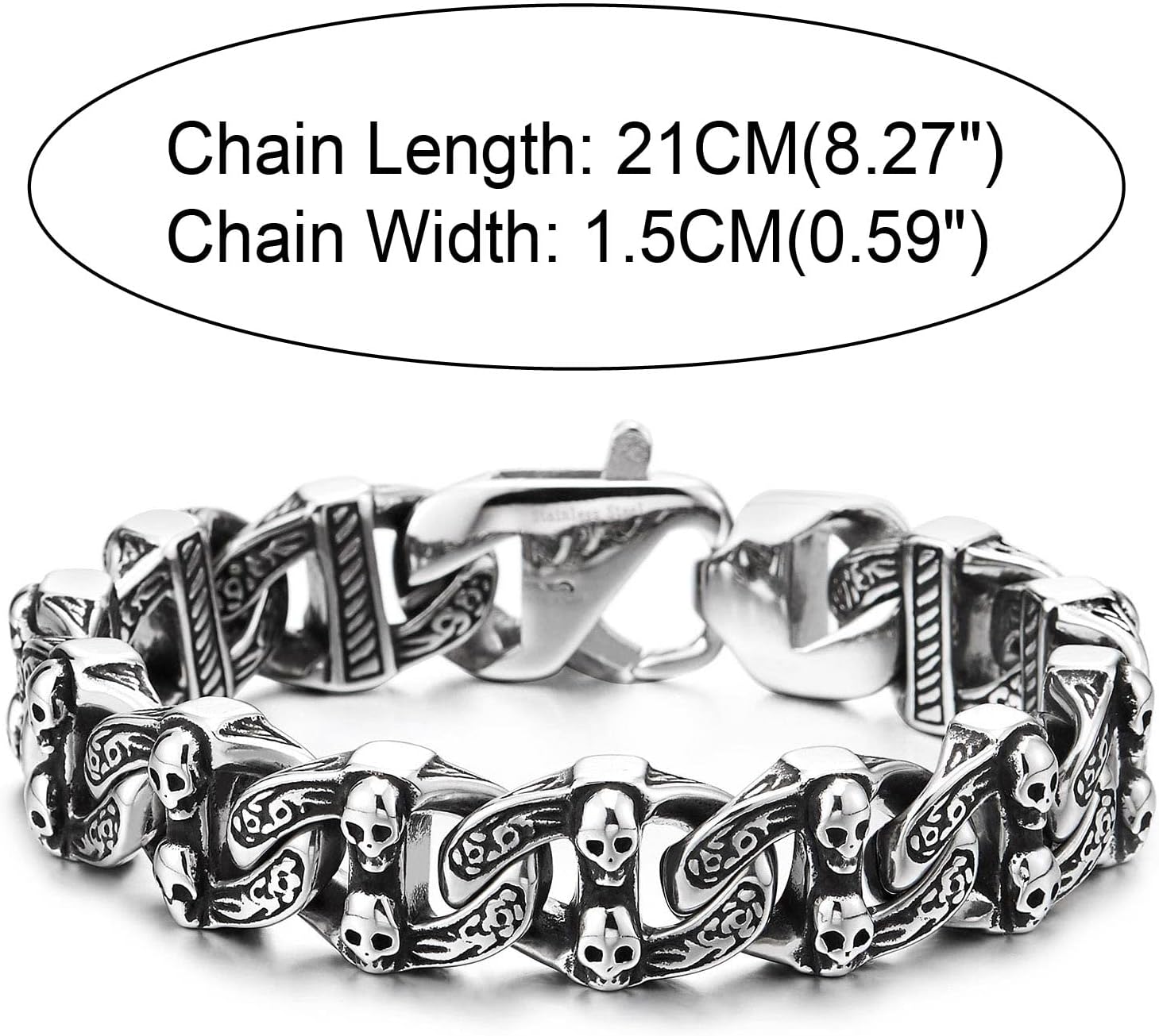 COOLSTEELANDBEYOND Men Stainless Steel Anchor Marine Chain Bracelet with Skulls, Gothic Vintage, Old Metal Finishing