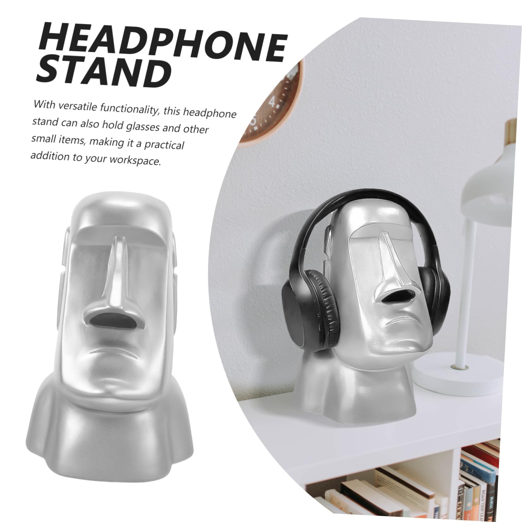 Cabilock Statua Moai Supporto Cuffie da Scrivania in Resina Argento | Decorazione Creativa per Casa e Ufficio, Regge Occhiali e Piccoli Oggetti, Idea Regalo Natale