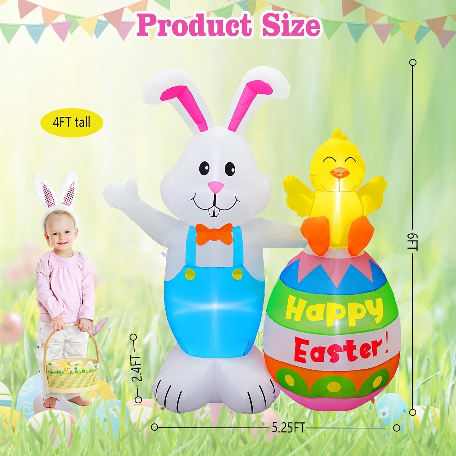 6FT Easter Inflatables Bunny & Chick Sitting on Easter Egg Decoration, Easter Blow up Yard Decoration Rabbit and Chicken Inflatable Built-in 4 LED for Easter Party Indoor Outdoor Lawn Decor