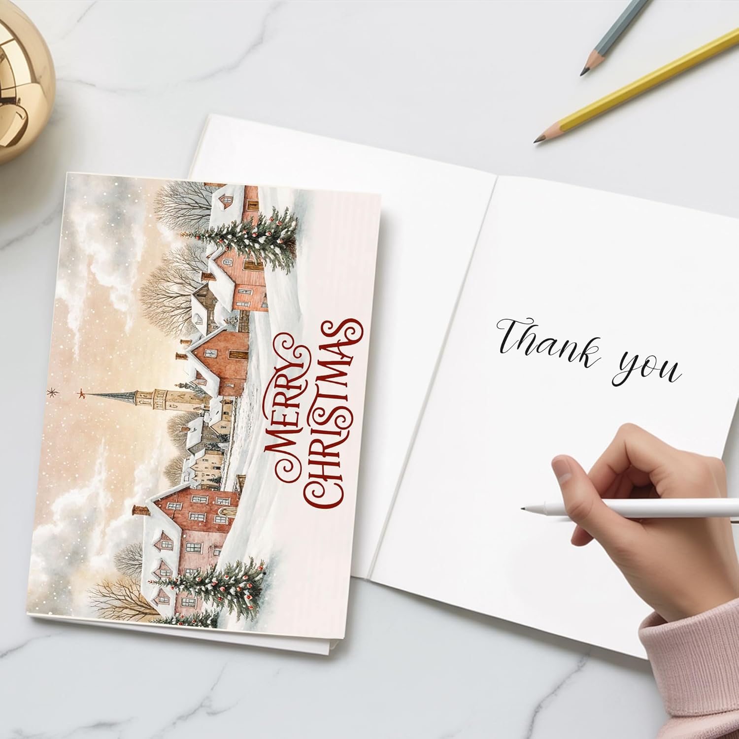 Merry Christmas Card with Church Village Winter Scene from Family or Friends, Traditional Holiday Greeting Card 8x5.3 Inch With Envelope - Image 2