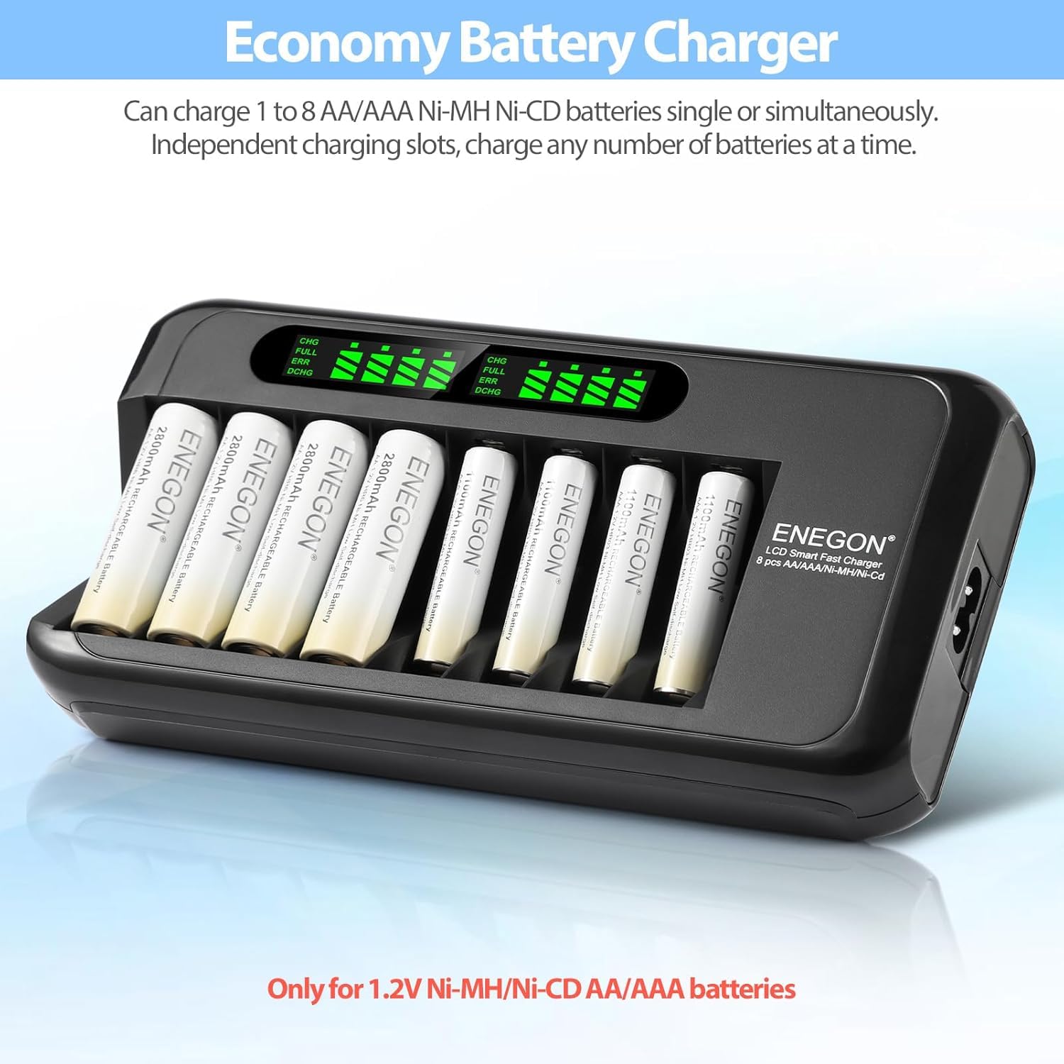 ENEGON Caricabatterie Rapido Intelligente per Batterie Ricaricabili AA AAA Ni-MH Ni-CD con Display LCD, 8 Slot Indipendenti, Protezione e Alimentatore 100-240V