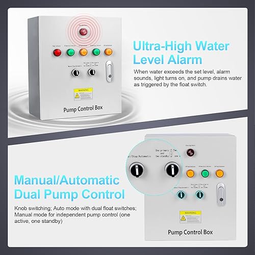 Miniatura 3 de Caja de control de bomba de pozo de 2 HP, monofásico de 220 V, 2 contactores de CA, 2 interruptores de flotador, alarma de nivel de agua ultra alto,