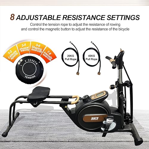 Miniatura 2 de Máquina de remo, remo 3 en 1 con altura ajustable de 6 niveles y resistencia de 8 niveles, sistema de riel deslizante doble, soporta hasta 350