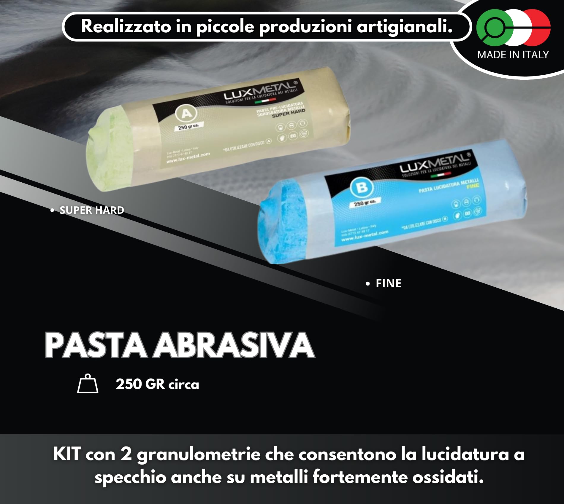Lux Metal Kit Lucidatura 2 Pasta Abrasiva Lucidante 250 gr e 2 Disco Lucidatura 150 mm in Cotone Trapano Mola Dischi Per Lucidare Acciaio Inox Metalli Alluminio Set Lucida Cromature Ottone Ruota Rame
