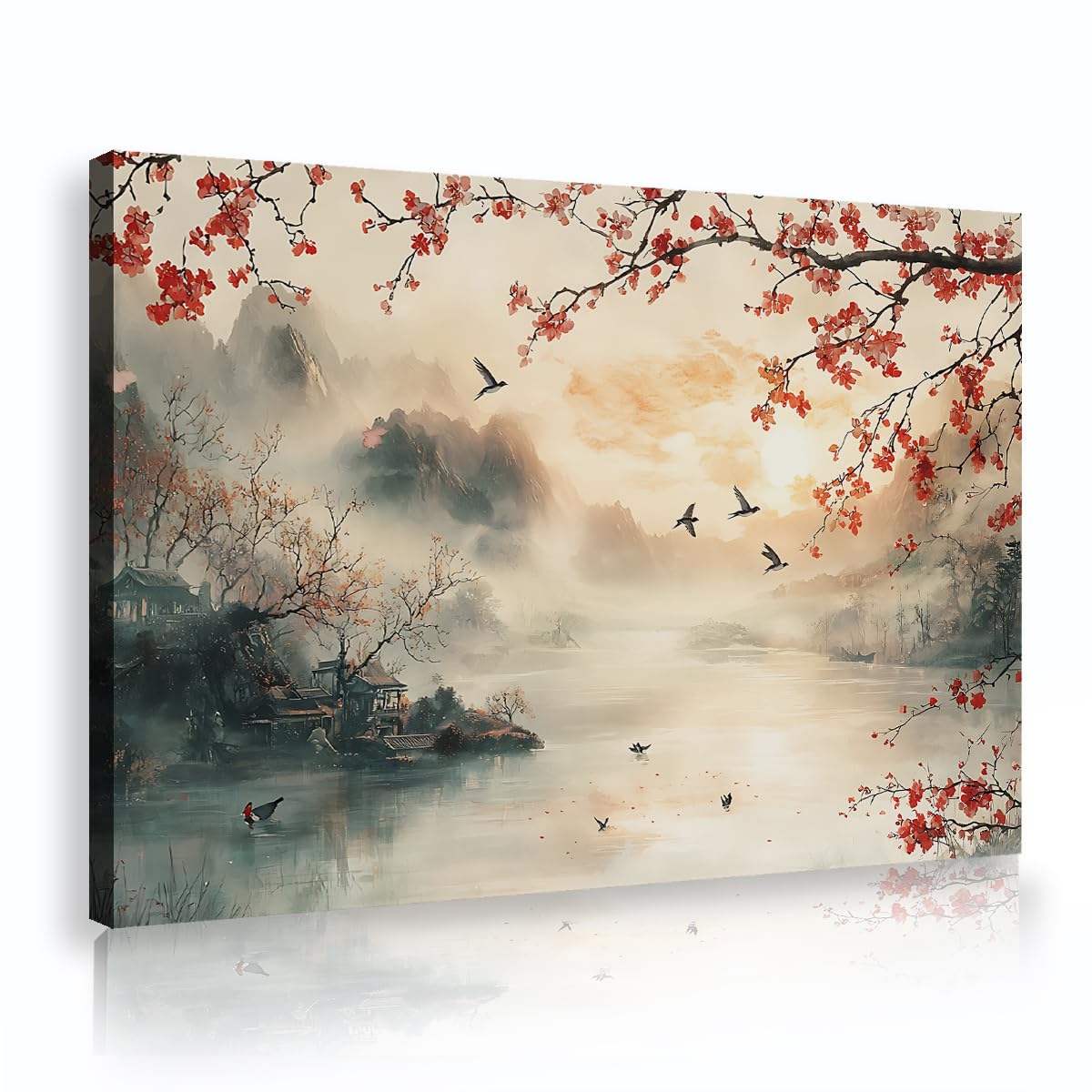 Traditional Asian Landscape Framed Canvas Artwork Zen Mountain River Misty Forest Cherry Blossom Red Flower Branches Birds Picture Stretched Printed Poster for Living Room Office Decor 50x75cm