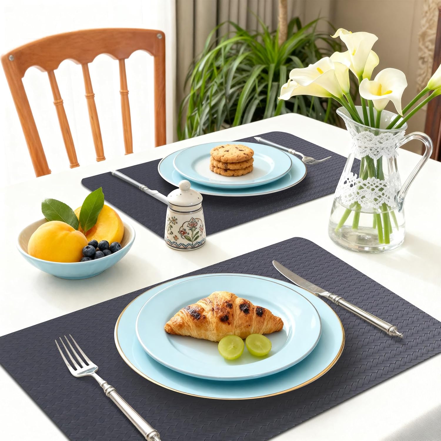 Vinyl Placemats Set of 6-12×17.7 Inch Waterproof & Heattable Placemats, Fall Faux Leather Wipeable Outdoor Table Mat for Dining, Kitchen, Indoor Outdoor Use (Dark Grey, Cable Pattern) Dark Grey Cable pattern