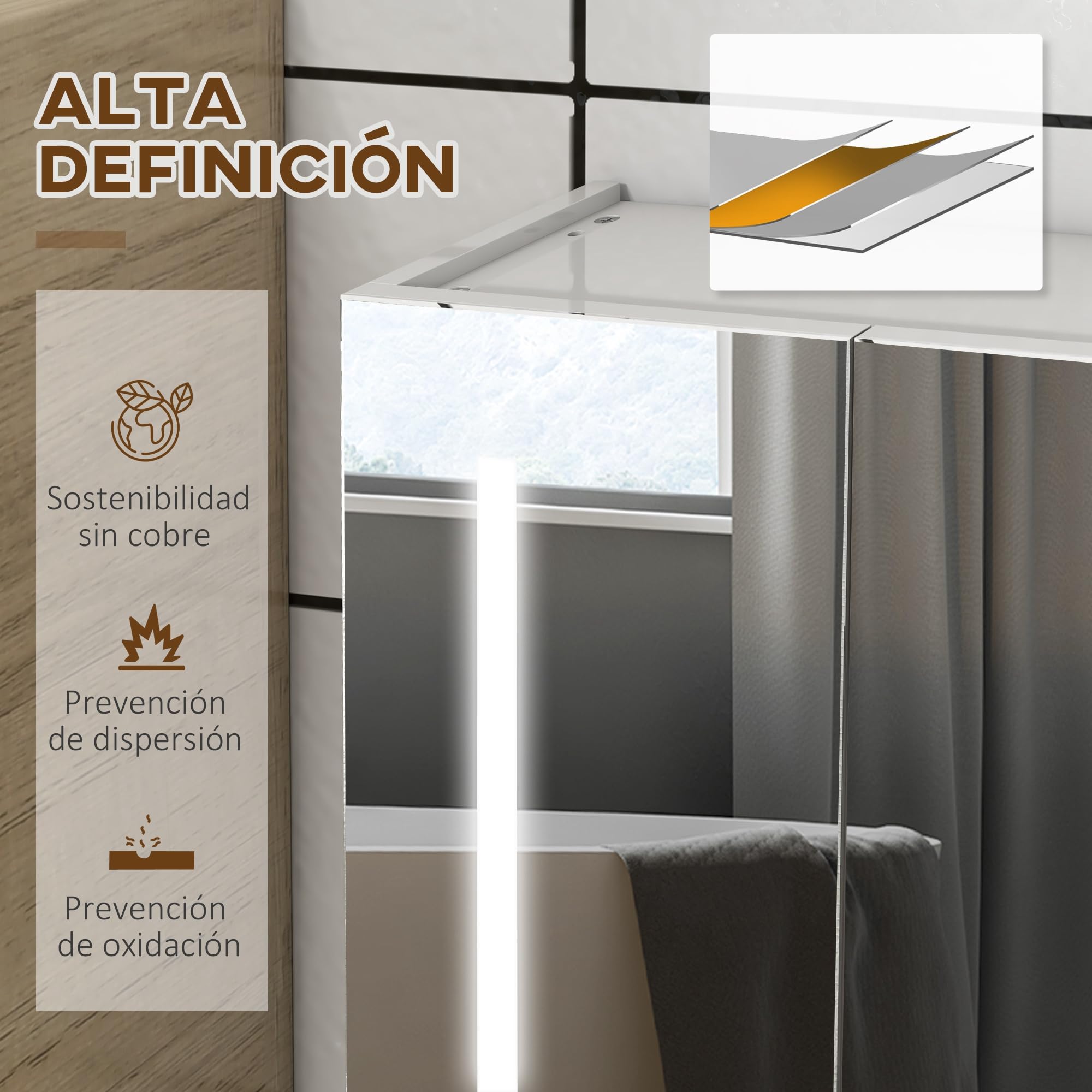 kleankin Armario con Espejo de Baño LED 90x15x70 cm Blanco Brillante | Mueble de Pared Colgante, 3 Puertas, Estantes Ajustables, Interruptor Táctil y USB