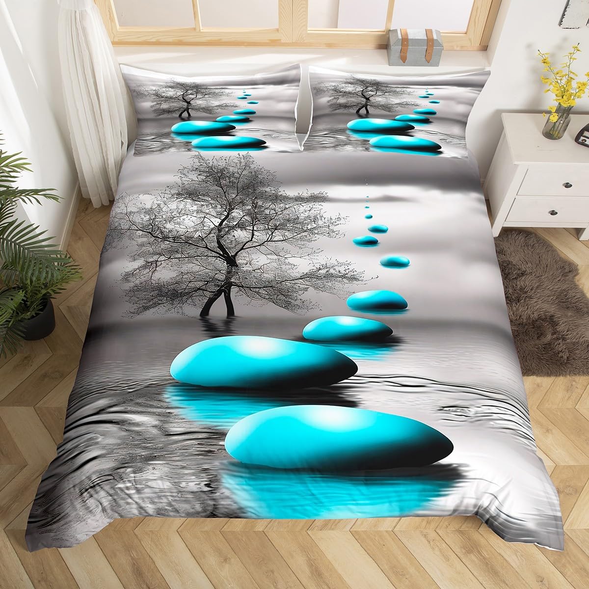 Homemissing Stones Bedding Set Single Size, Black and White Comforter Cover for Kids Toddler Boys Girls Abstract Blue Duvet Cover Art Bedspread Cover With 1 Pillow Case (No Comforter)