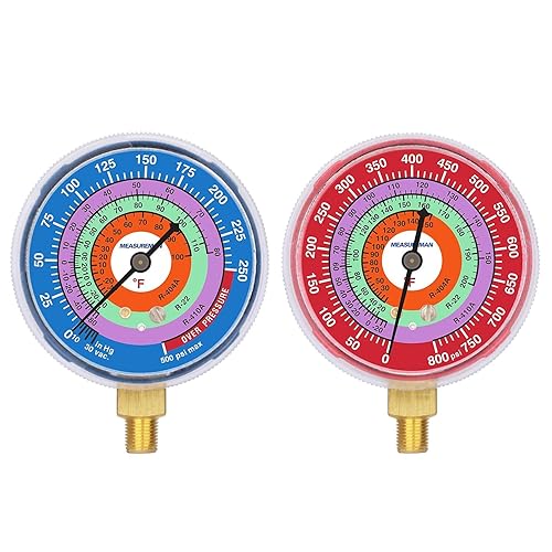 Measureman Medidor de presión de refrigeración, esfera de 2-34", esfera azul y esfera roja, montaje inferior NPT de 18", 30inHg-0-250psi y kit de