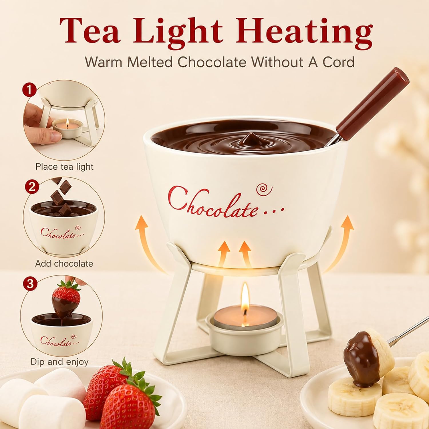 Ceramic Chocolate Melting Cup, Mini Personal Chocolate Fondue Mug with Fork