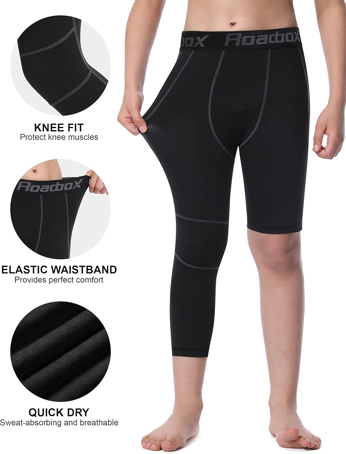 Roadbox Boys One Leg Compression Pants, 2Pack 3/4 Athletic Basketball Leggings, Youth Sports Baselayer Tights - Image 5