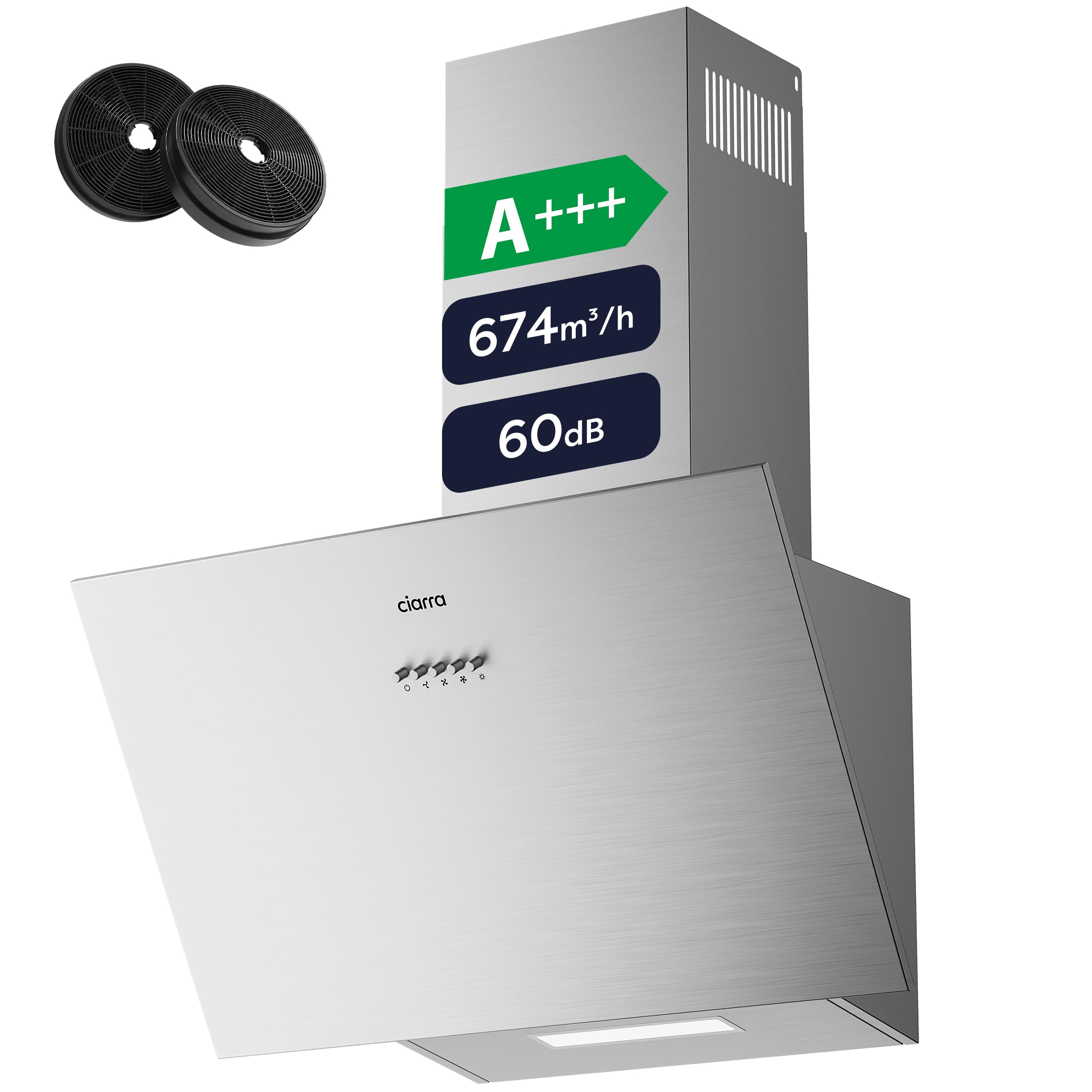 CIARRA CBCS6762A A+++ Kopffreie Schräghaube Dunstabzugshaube 60 cm Umluft 650 m³/h mit CBCF003 Aktivkohlefilter Abluft Abzugshaube Umlufthaube Edelstahl Silber